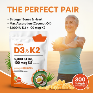 Cápsulas de Gel Suave 5000 UI Vitamina D3 K2 Aceite de Coco Alta Absorción Apoya <span class=keywords><strong>la</strong></span> Salud Ósea, Cardíaca e Inmunológica <span class=keywords><strong>para</strong></span> Adultos 300 - Product Image 1