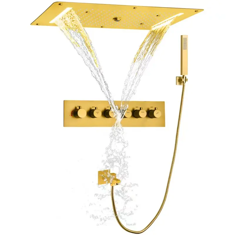 סט מקלחת תרמוסטטי 380*700 מ""מ צמוד תקרה רוז זהב LED מערכת מקלחת גשם רב תפקודי ברזי מקלחת זהב מוברש