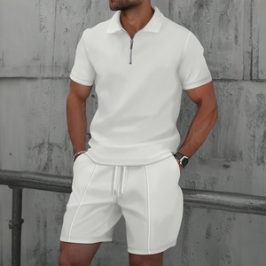 Ensemble décontracté homme col montant zippé, couleur unie, manches courtes et short – Prix de gros - Product Image 1