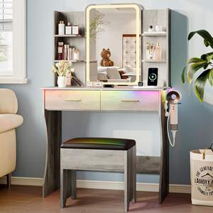Coiffeuse LED intelligente avec éclairage d'ambiance RVB et rangement latéral, table de maquillage pour chambre à coucher avec tabouret assorti - Product Image 6