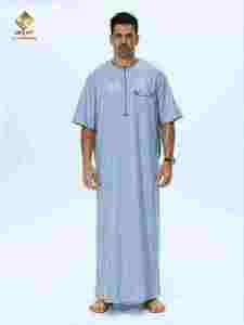 Al Haramain <b>Men's</b> Light Gray Cotton <b>Thobe</b> Short Sleeve Floor Length Breathable Traditional Arabic Prayer Wear good cotton - Product Image 1