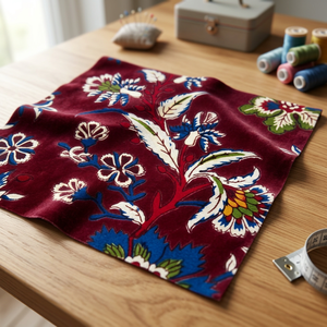 Tissu en velours de coton imprimé à la main, motif floral rouge vin : idéal pour la tapisserie, le matelassage et la décoration - Product Image 1