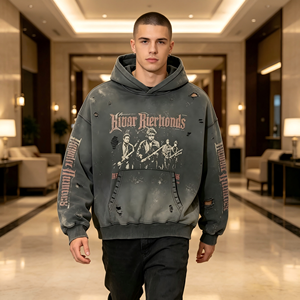 Felpa con Cappuccio Vintage Effetto Invecchiato, Stampa DTG di <span class=keywords><strong>Band</strong></span> <span class=keywords><strong>Rock</strong></span>, Oversize, Stile Streetwear - Product Image 1