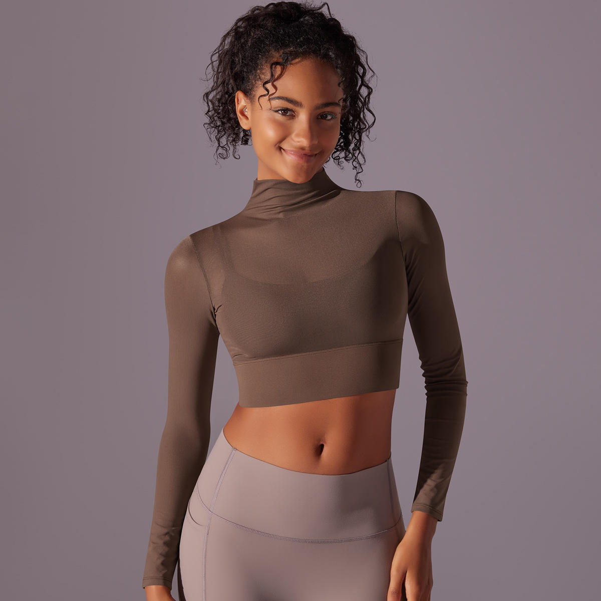Women Sports Bra Underneath Mesh Breathable Long Sleeve Crop Top Padded Turtle Neck Yoga Pilates Workout Shirts