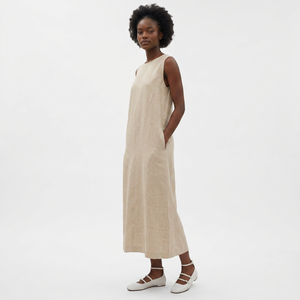 Robe maxi sans manches à col rond, 100% lin, coupe ample avec poches, respirante, couleur unie, tenue décontractée d'été - Product Image 1