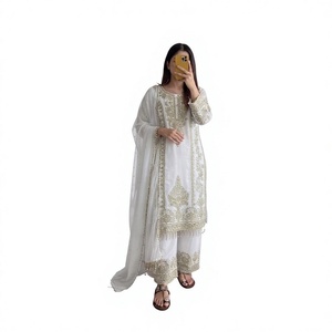 Ensemble Salwar brodé blanc avec dupatta, tenue traditionnelle indienne et pakistanaise, coupe ample, longueur cheville, robe pour femme - Product Image 1