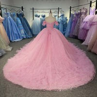 Robe de bal Jancember 6984 rose féerique, style Sweetheart, en tulle et dentelle, avec volants et traîne, pour Quinceañera
