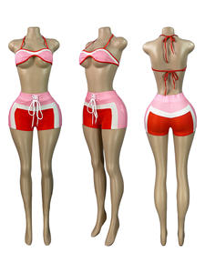 Conjunto de tres piezas de moda para mujer: top de manga larga con estampado y costuras, shorts y top corto con tirantes al pecho, ideal para el verano. - Product Image 6
