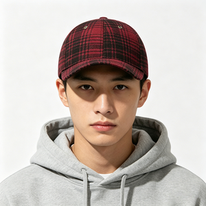 Red Black Plaid 6-Panel <b>Baseball</b> <b>Cap</b> Unisex Vintage Tartan Check Canvas Dad Hat Curved Brim Fashionable Adjustable Casual - Product Image 1