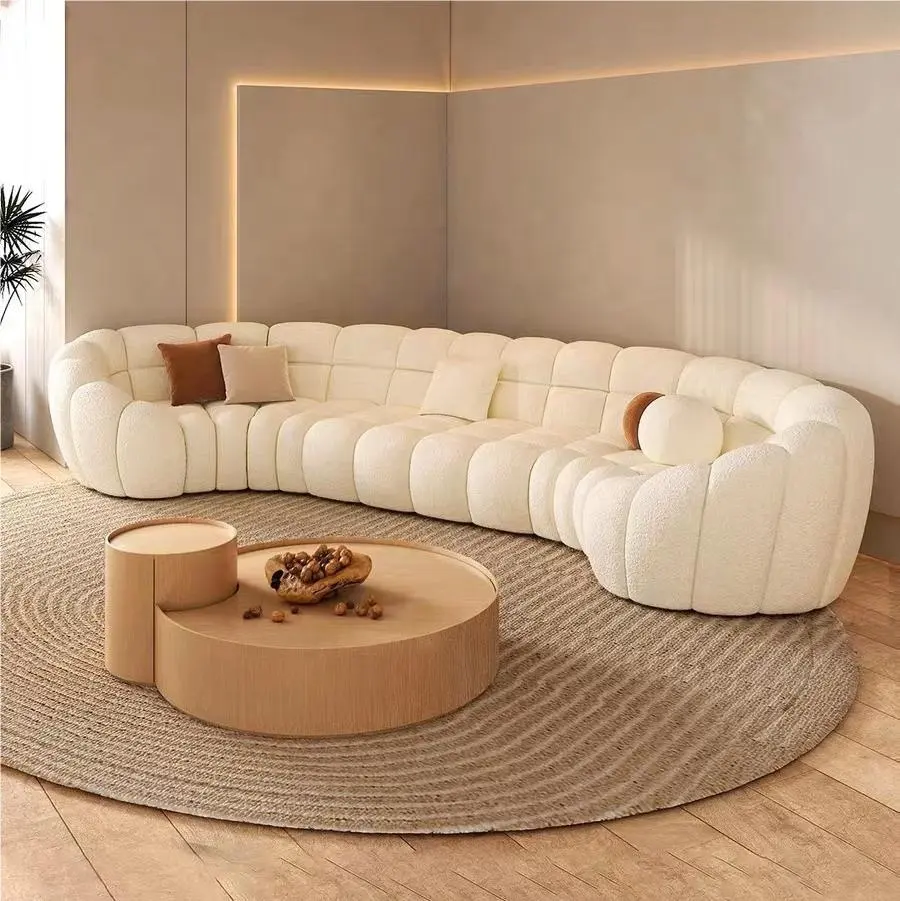 Canapé en tissu à anneaux blancs, design haut de gamme, style villa de luxe, salon minimaliste moderne
