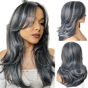Perruque en dentelle transparente réglable de style européen-américain, avec <span class=keywords><strong>frange</strong></span> en huit, <span class=keywords><strong>cheveux</strong></span> synthétiques gris longs et dégradés - Product Image 1
