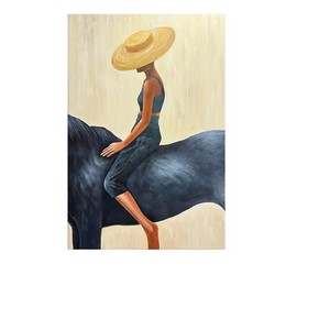 Cuadro Decorativo sin Marco para Sala de Estar o Entrada, Estilo Retro Nostalgia con Figura Abstracta de Mujer <span class=keywords><strong>a</strong></span> <span class=keywords><strong>Caballo</strong></span>, Impresión en Lienzo - Product Image 1