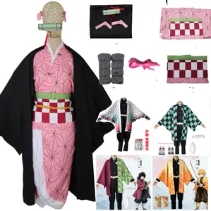 Conjunto completo de disfraz de Kamado Nezuko, Kimono, peluca, zapatos Geta, tocado, Anime japonés, vestido de Halloween