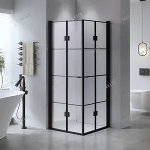 New European Corner Simple Tempered Glass Black Grid Aluminum Frame Bi-fold Shower Cubicle