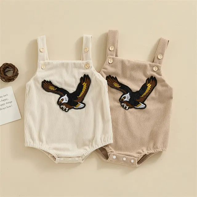 Corduroy Eagle Print Mouwloze Bandje Knoop Baby Meisjes Jongens Bodysuit