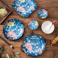 Piring Makan Rumah Gaya Jepang Hidangan Kecil Mangkuk Nasi Mangkuk Mie Instan Sumpit Sendok Pola Bunga Peony 2024 Baru