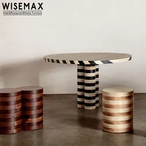 WISEMAX家具现代餐厅家具大尺寸黑白条纹圆形木质餐桌，带3柱腿