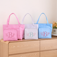 Sac fourre-tout classique à carreaux vichy, léger, pour usage quotidien, avec mini trousse de toilette assortie, sac de rangement portable décontracté