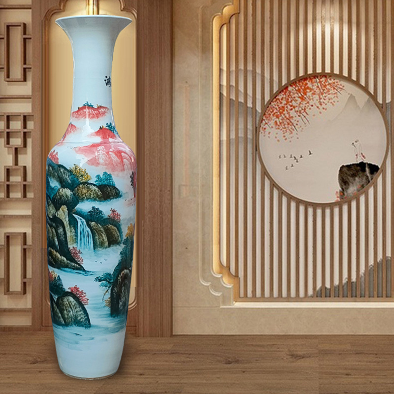 大型陶磁器花瓶 色鮮やかな花と鳥の模様 大型中国手描き花鳥模様の陶器フロアベース 1m 高
