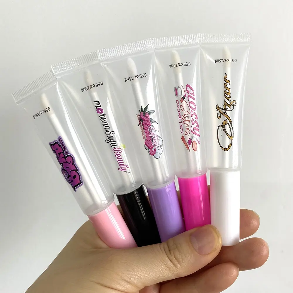 50pcs custom logo 15ml empty lip gloss container soft lipgloss cosmetic packaging squeeze tube with WAND