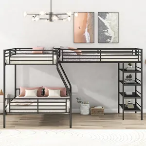 Bellemave muebles para el hogar ensanchar metal triple litera con estantes de almacenamiento y escaleras Marco De Litera de metal