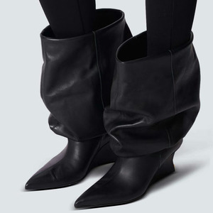 High Wedge Heels Pointed Toe Pleated Upper Shoes Wide Top Mid Calf <b>Boots</b> Women's on Loose Baggy Half Knee High Booties - Product Image 2