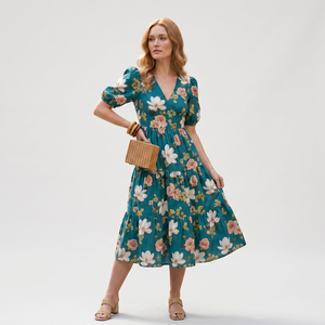 Robe midi élégante à fleurs pour femmes, robe d'été imprimée, tenue décontractée pour les fêtes, robe tendance écologique pour les vacances et les sorties en plein air - Product Image 1