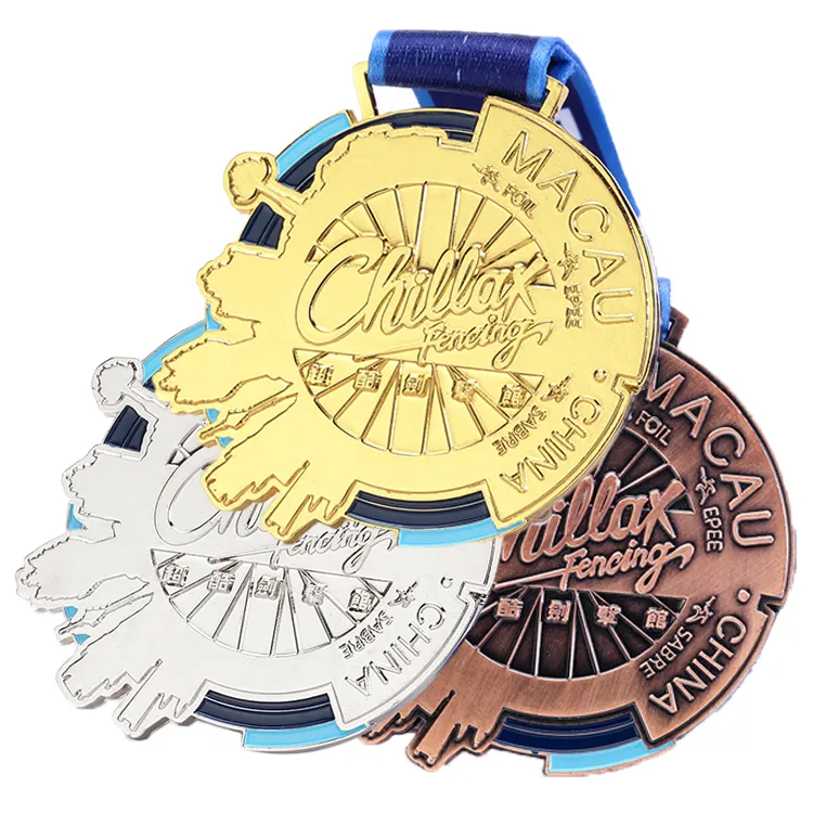Medali perunggu perak emas klasik medali Aloi seng olahraga elegan 3D kustom kualitas Premium dengan tali penyandang