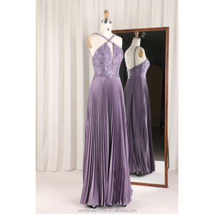 QUEENS GOWN 现代风格装饰性前镂空紫色百褶挂脖长裙 A 字形柔软薄纱内置文胸青少年舞会礼服 - Product Image 2