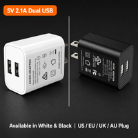 Chargeur mural double USB 10W 5V 2.1A, adaptateur de chargeur de téléphone avec prise fixe US EU UK AU, certifié UL FCC CE UKCA SAA multi-régions