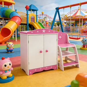 Toptan İki Kapılı Oyuncak Bebek Dolabı Prenses Sandalyesi Mobilya Rol Yapma Oyunları 4 Askılı Çocuk Ahşap Oyuncakları - Product Image 4