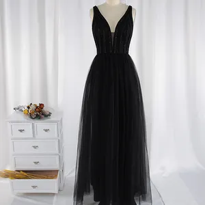 2021 Super trend v neck a-line sleeveless black beaded occasion dress maxi for party
