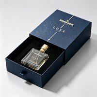 Boîte cadeau de luxe personnalisée pour parfum, en carton rigide bleu foncé texturé, avec logo en feuille d'or, emballage coulissant pour flacon de parfum