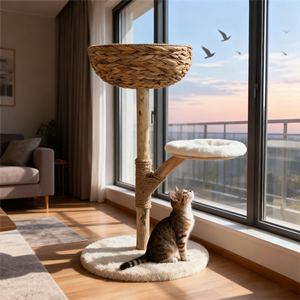 Albero per Gatti in Legno con Letto Rialzato, Giocattolo per Animali Domestici, Albero Rampicante per Gatti Fatto a Mano in Giacinto d'Acqua - Product Image 1