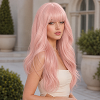 Perruque synthétique ondulée rose pastel longue, résistante à la chaleur, avec frange et bonnet ajustable, effet naturel, directement de l'usine