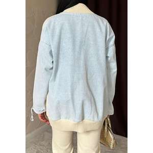 Cárdigan de Mezclilla Azul con Contraste de Color para Mujer, Chaqueta Informal de Tela Twill de Manga Larga - Product Image 1