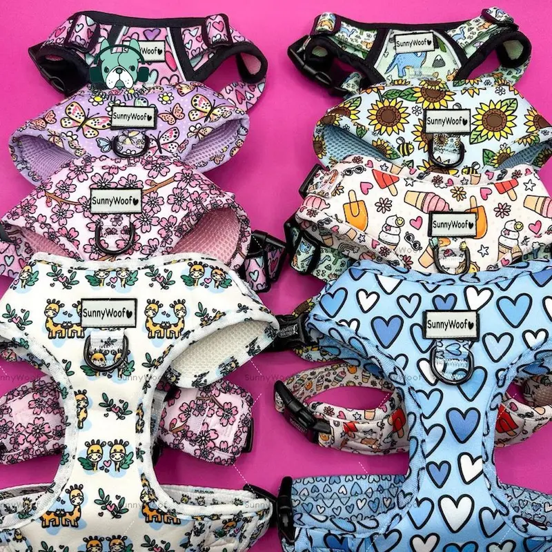 Hot Selling Cute Reversible Soft Mesh Harness Dog Custom Logo Printing Dog Harness Set with Pet Collar Leash Dog Poop Bag