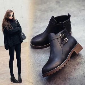 Women's Fashionable 2026 New Comfortable British Style Belt Buckle Chunky Round Toe High Top Leather <b>Boots</b> - Product Image 1