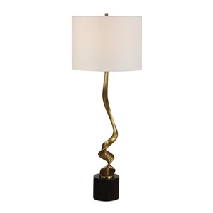 Brass Twisted Stem & Black Marble Modern Sculptural Floor Lamp | Artistic <b>Lighting</b> for Hotel Feature <b>Space</b> & Reception Area - Product Image 1