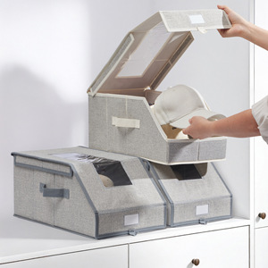 Magnetic Flip Top Hat <b>Storage</b> <b>Box</b> Foldable With Lid Rectangle <b>Beige</b> Gray Bedroom Wardrobe Organizer - Product Image 1