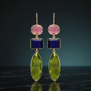 3 Tier Multi Gemstone Stud <b>Earrings</b> Pink Oval Sapphire Blue Rectangle Marquise <b>Peridot</b> Green Brass 14k <b>Gold</b> Plated - Product Image 2