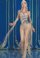 Justaucorps de scène avec imprimé de créateur, perles, strass et franges, tenue de danse exotique, tenue de strip-teaseuse, combinaison de scène, body pour femmes