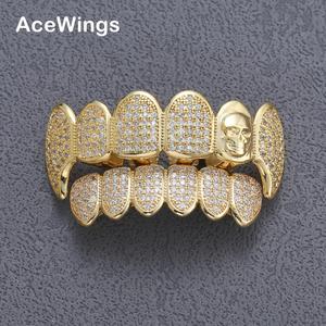 G027 <span class=keywords><strong>Grilz</strong></span> Hip Hop Crâne Sertie de Zircons pour Hommes, en Laiton Micro-Pavé de Zircons Cubiques, Plaqué Or/Argent, Cadeau - Product Image 2