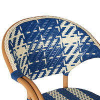 Fauteuil de bistrot français moderne et durable pour l'extérieur, bleu et blanc, en rotin PE tressé, avec structure en aluminium, pour restaurant, cour, jardin, balcon