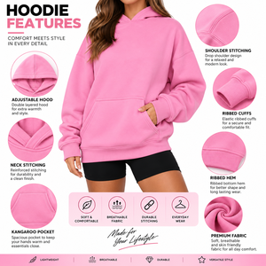 Women's Oversized <b>Pink</b> Hoodie Full Sleeve 100% Cotton Fleece <b>Sweatshirt</b> With Pockets Autumn Wear - Product Image 6