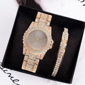 Feminino Relogio для женщин часы + браслет + набор в коробке с украшением в виде кристаллов сталь дамские наручные часы льдом часы с бриллиантами для женщин Подарочный набор