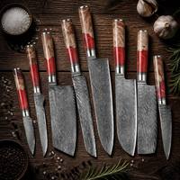 Ensemble de couteaux de cuisine vintage Damas 8 pièces, manche en bois de résine rouge, couteaux de chef professionnels, acier VG10, tranchants, antiadhésifs