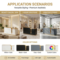 Comptoir d'accueil LED moderne et minimaliste, finition dorée de luxe léger, écologique, avec logo personnalisé, idéal pour salon de beauté, cabinet dentaire, bar
