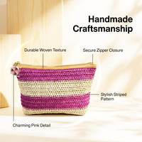 Pochette cosmétique bohème minimaliste rayée en paille, trousse de maquillage artisanale en raphia, mini sac de rangement de voyage portable avec logo personnalisé, OEM