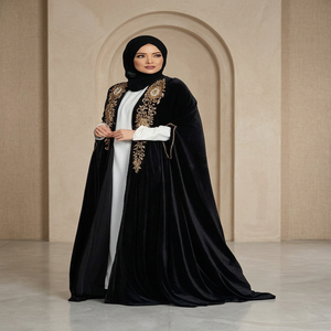 Abaya de maternité pour femme, style arabe, col bateau, taille basse, en velours, dentelle et fleurs, coupe ample - Product Image 3